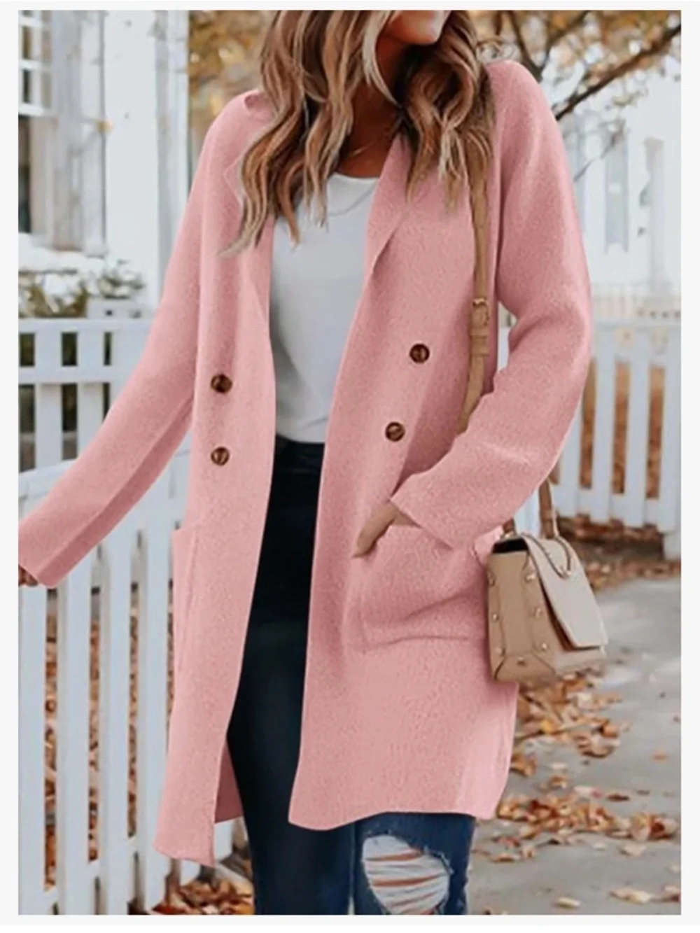 Longline Double-Breasted Pink Knit Cardigan Coat - Picture 1 of 3